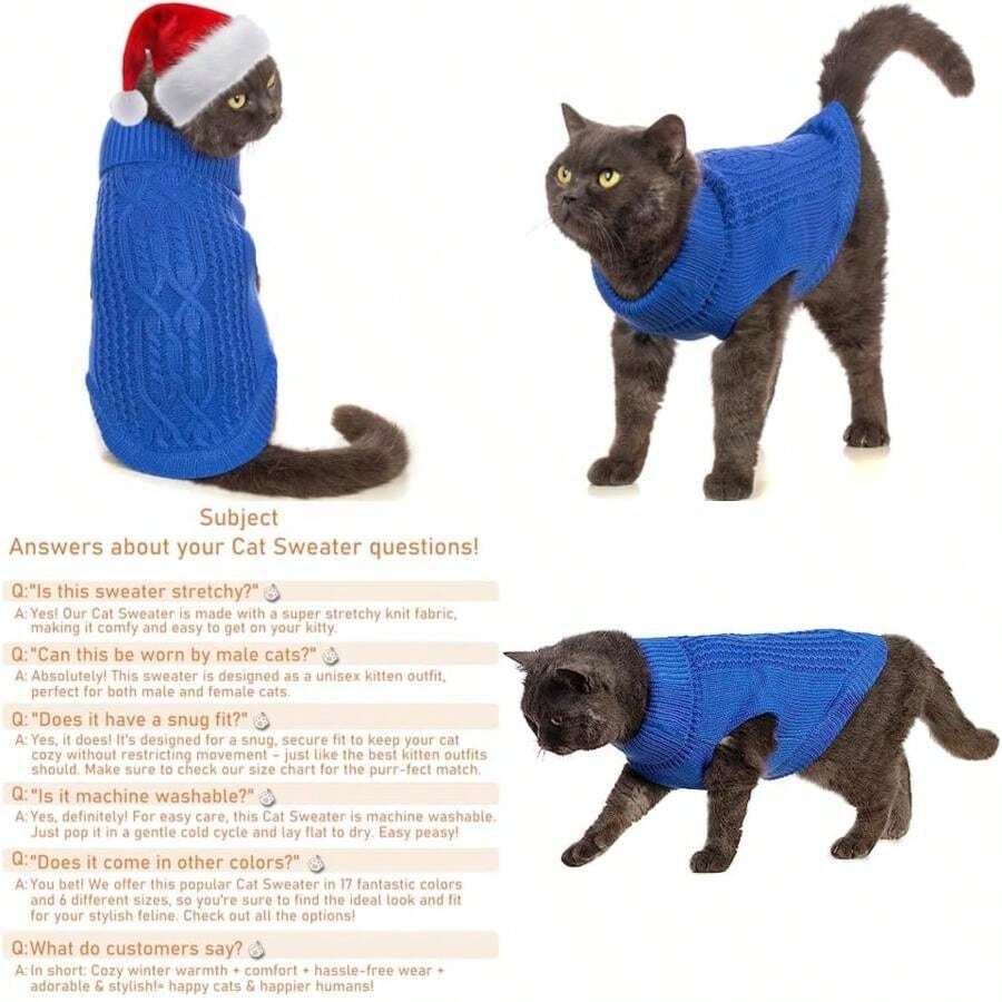 Suéter de cuello alto de punto, sin mangas, ropa de gato, ropa cálida de invierno, para gatos o perros pequeños en temporada fría (S, )(XS Azul) - Multicolor - Ver 1