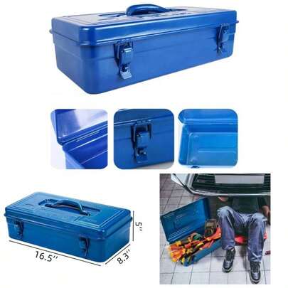 Portable Steel Box, 16 Inch Metal Organizer Box With Double Closure And Handle, Heavy Duty Storage Toolbox Chest Workshop, Garage, Warehouse, Household, Blue