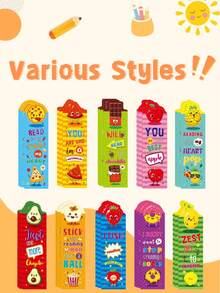 30张彩色水果图案书签，双面印刷，厚纸材质，附有鼓励语录。适合作为礼物送给学生、朋友的孩子，也适合作为新学期或毕业礼物，还可作为日常书签使用。