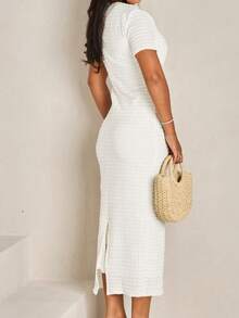 Unadoll Women's Spring Short Sleeve Round Neck Zip Front Dress, Decorated With Buttons, Back Slit Design, Elegant And Charming, Suitable For Dates, Commuting, Weddings, Valentine's Day, Birthdays And Formal Occasions - White - View 6