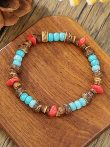 1pc Men's Casual Volcanic Stone & Turquoise Asymmetrical Beaded Bracelet, Suitable For Daily Outfit, Jewelry Gift, Father-Son Matching - Multicolor - View 2
