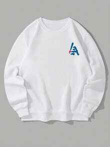 Moletom Masculino Casual de Rua com Estampa Gráfica de Slogan em Inglês LA, Gola Careca