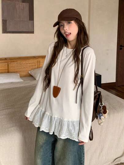 女士冬季针织长袖圣诞节角色扮演新款韩版蕾丝拼接宽松修身打底保暖上衣