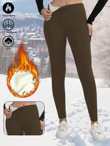 女士保暖加厚打底裤，高腰户外休闲加厚保暖裤，秋冬季，抓绒 - 咖啡棕 - 查看 1