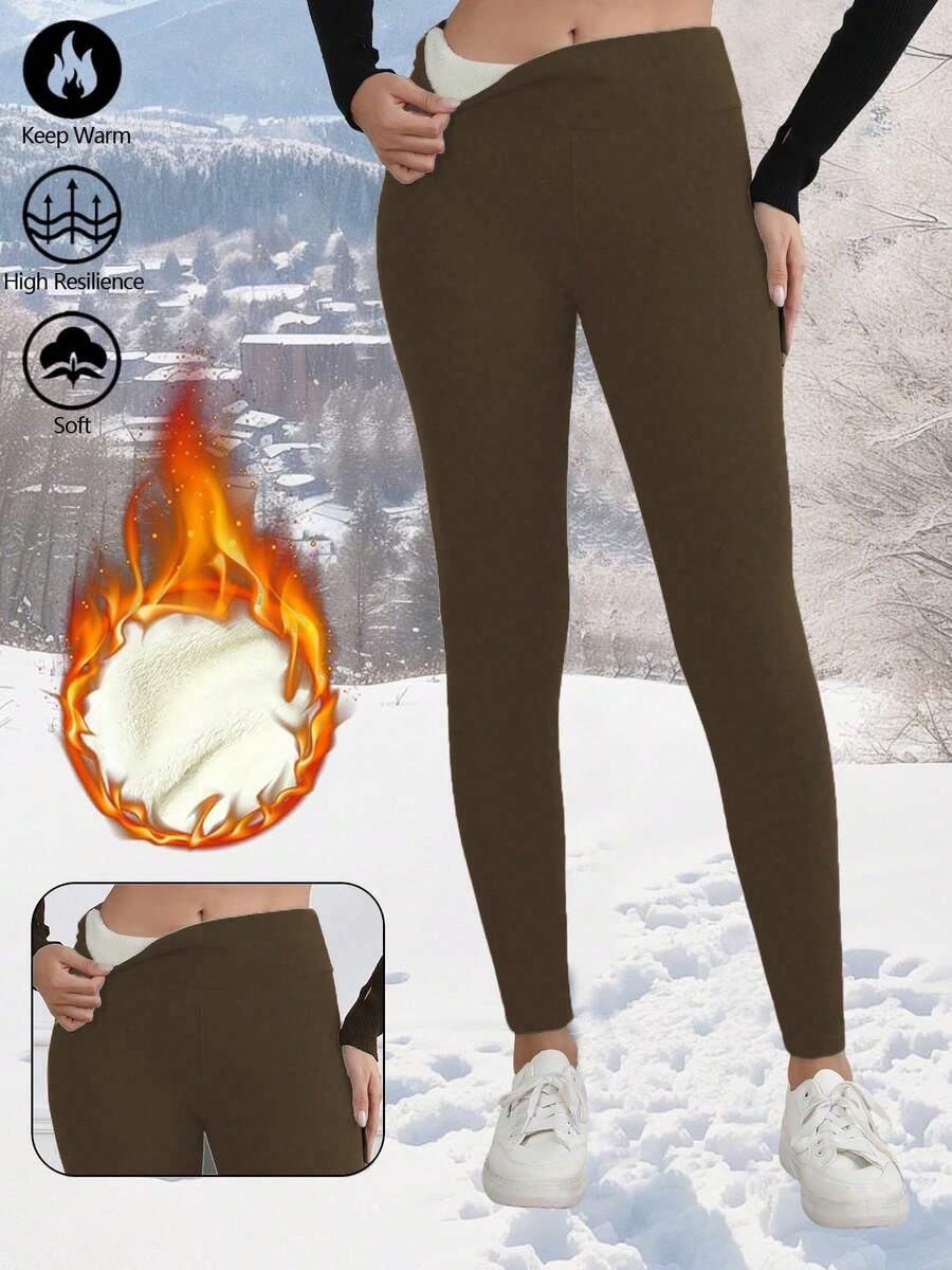 女士保暖加厚打底裤，高腰户外休闲加厚保暖裤，秋冬季，抓绒 - 咖啡棕 - 查看 1