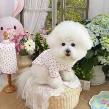 1 pieza Vestido de Body completo con estampado para mascota perro/gato con moño rosa, para Teddy, Poodle, Chihuahua, Vestimenta cómoda y transpirable para uso casual en interiores/exteriores para primavera/otoño