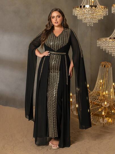 大码女士传统阿拉伯长裙，优雅V领，串珠装饰，喇叭形薄纱袖，可调节腰带，修身剪裁，适合正式晚宴、婚礼、盛会及其他场合。