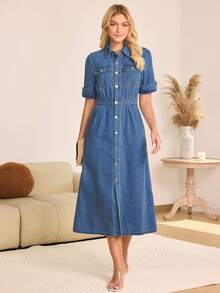 High Waist Non-Stretch Shirt Collar Denim Shirt Dress, Short Sleeve Roll-Up Cuff, Casual Daily Wear - 深色水洗藍 - 查看 3