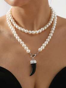 1件时尚个性化珍珠狼牙吊坠长项链，男女皆宜，优雅的圣诞节/生日礼物 - 彩色 - 查看 4