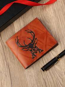 1pc Men's Vintage Embossed Deer Head Short Thin Bifold Wallet Card Holder - Multicolor - View 5