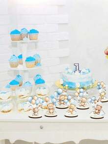 Bộ 8 món - Đồ trang trí bàn tiệc mừng em bé bằng gỗ, bảng tên hình gấu xanh có thể tháo rời, đồ trang trí bàn tiệc tiết lộ giới tính, đạo cụ chụp ảnh sinh nhật hình gấu, đồ dùng tiệc mừng em bé, bé trai (màu xanh) - Nhiều màu - Xem 7