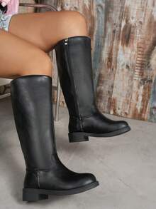 2025 Autumn/Winter Women's Black Chunky Heel Over-The-Knee Boots, Plus Size