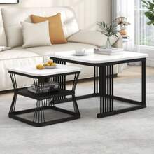 Set Of 2 Modern Side Tables, In Marble-Look MDF, Structure In Glossy Black White Steel Tube, Dimensions Of The 2 Tables: 65 X 65 X 45 Cm And 45 X 45 X 39.5 Cm. - White - View 5