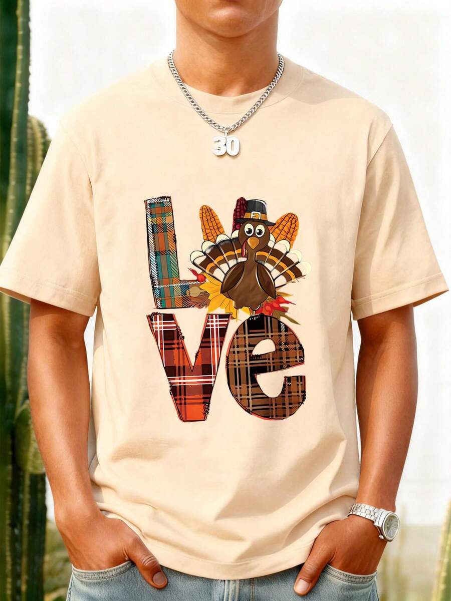 Camiseta Negra con Estampado de Pavo y Letras Love en Cuadros para Fiesta de Acción de Gracias - Albaricoque - Ver 1