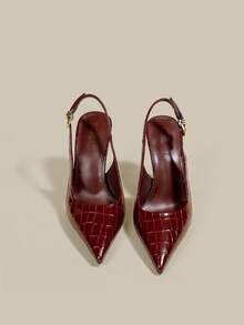 女士酒红色漆皮尖头细跟浅口鞋，优雅正式时尚闭趾派对礼服鞋，带踝带 - 酒紅色 - 查看 5