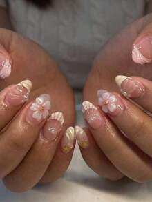 24pcs Short Oval 3D Gel Nail Stickers, Create Pearl Flower Nail Art, French Acrylic Press-On Nails, Short Size Perfectly Fit False Nails Set, Includes: 1pc Jelly Gel And 1pc Nail File, Easy To Wear, French Nail Stickers Suitable For Women And Girls For Daily, Party And Other Occasions - 多色 2 - 查看 3