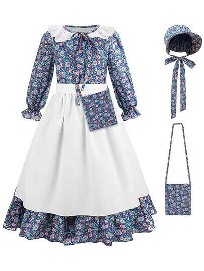 Girls Pioneer Cosplay Costume Floral Colonial Prairie Dress For Kids Birthday Party Carnival Halloween Dress Up With Apron And Bonne Outfits