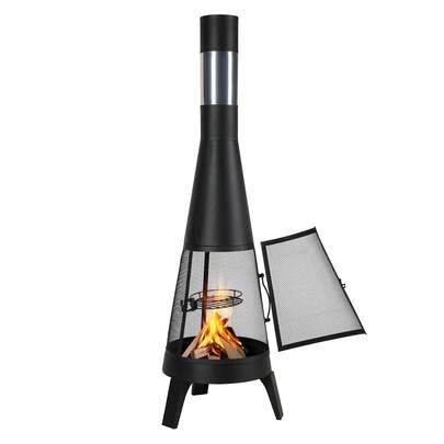 Chiminea, 20 Inch Outdoor Wood Burning Firepit, Conical Fireplace For BBQ & Warming, Outside Wooden Fire Pit With Grill Mesh, Chimney Coat & Rustproof Chiminea Lid, For Patio, Garden, Backyard