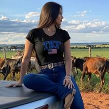 Women's Country T-Shirt TKF - American Flag & Stars Print - Slim Ribbed Knit - Cowgirl Fashion Style - Black - View 3