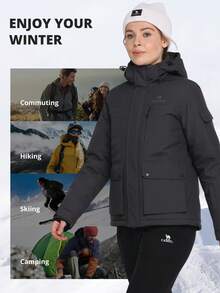 CAMEL CROWN 男士滑雪夹克冬季保暖雪地外套防水防风衣连帽工作外套单板滑雪夹克 - 黑色 - 查看 2