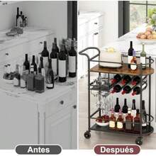 GILLAS Carrito de Servicio, Carrito de Bar de 3 Niveles, Cantina Bar Mueble para Casa con Capacidad para 6 Botellas de Vino y 6 Copas, Carrito de Almacenamiento con Ruedas para Comedor, Bar, Cocina(Madera de ingeniería) - Multicolor - Ver 6
