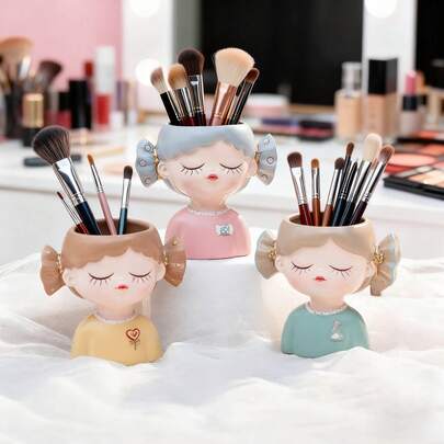 Nordic Light Luxury Fairy Makeup Table Brush Storage Rack With A Wide-Mouth Storage Bottle. Creative Home Desktop Decoration Piece, Can Be Used For Storing Makeup Brushes And Cosmetics, As A Pen Holder, For Succulent Planting And Flower Arrangements, Balcony Decoration Small Potted Plants, Desktop Creative Storage, Suitable For All Seasons, And As A Cute Festive Decorative Bottle.