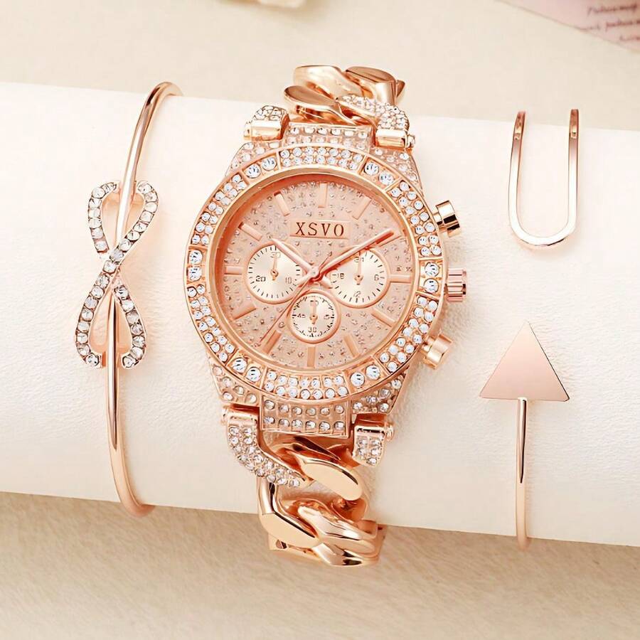 High-Quality Alloy Material, Colorful Electroplating, Luxury Diamond Dial, Alloy Dial, Quartz Movement. 3 Pieces Set: 1 Diamond-Encrusted Dial And 2 Interchangeable Straps. Occasion: This Watch Is Suitable For Business Events And Daily Gatherings. Gift: It Is The Best Gift For Friends, Wives, And Loved Ones. - Multicolor - View 1