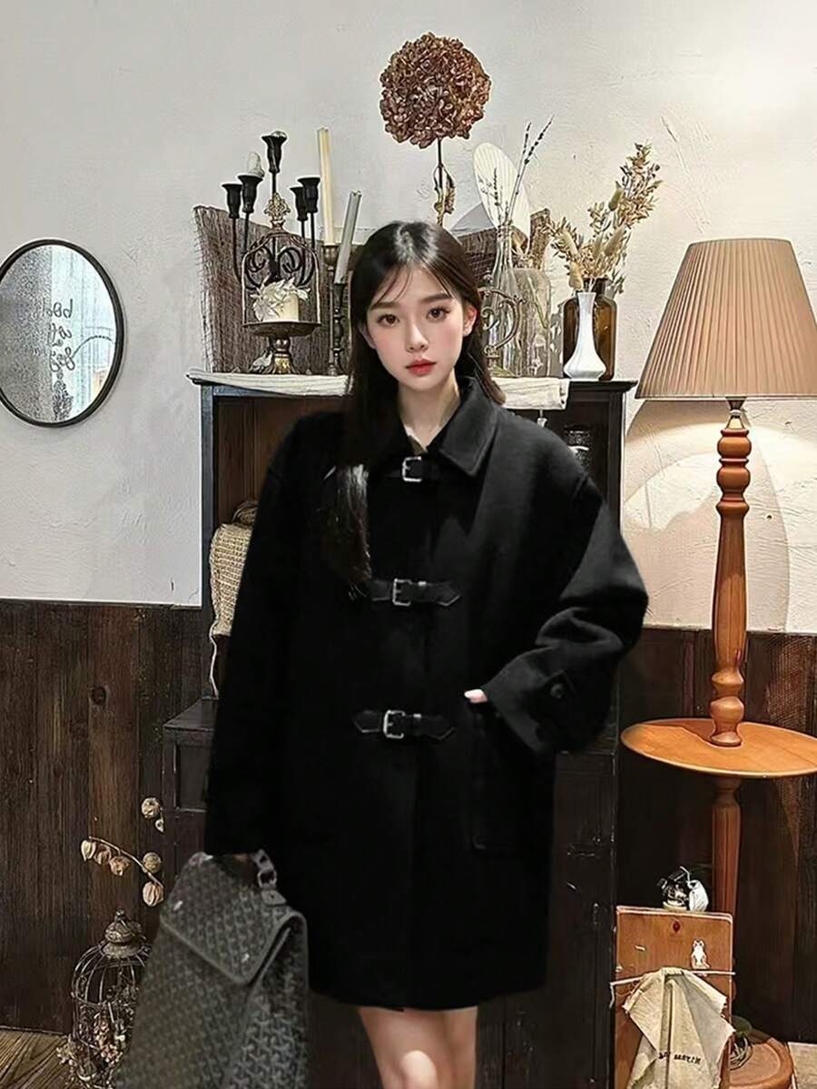 女士纯色翻领长袖宽松休闲高档羊毛大衣，秋冬款 - 黑色 - 查看 1