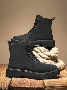 男士秋季皮靴，防水高帮黑色皮鞋，复古休闲英伦风登山工作靴 - 黑色 - 查看 2