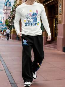 Disney طقم تيشيرت بأكمام طويلة وبنطال فضفاض واسع، مميز بتصميم ألوان سادة وطباعة رسومات خياطة، طراز كاجوال مناسب للارتداء اليومي والجري وغيرها من المناسبات، متعدد الاستخدامات للربيع والخريف