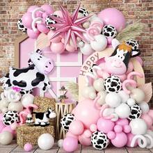 129 piezas Conjunto de arco y guirnalda de globos de granja, incluye globos de aluminio con diseños de vaca y estrella explosiva, así como globos de látex en rosa, blanco, blanco arena y patrones de vaca. Es perfecto para fiestas de cumpleaños, baby showers, fiestas de primer cumpleaños, fiestas al aire suministros para fiestas con temática de granja de dibujos animados. - Multicolor - Ver 2