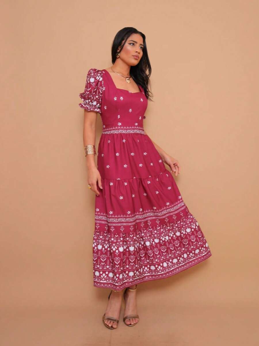 Helena Elegant Midi Dress With Printed Crepe Fabric And Short Sleeves. - 紅木色 - 查看 1