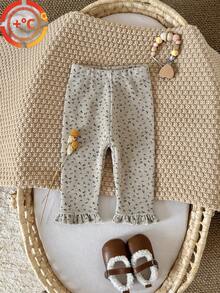Baby Girls' Ditsy Floral Thermal Lined Pants With Ruffle Hem, Apricot, Winter - Apricot - View 2
