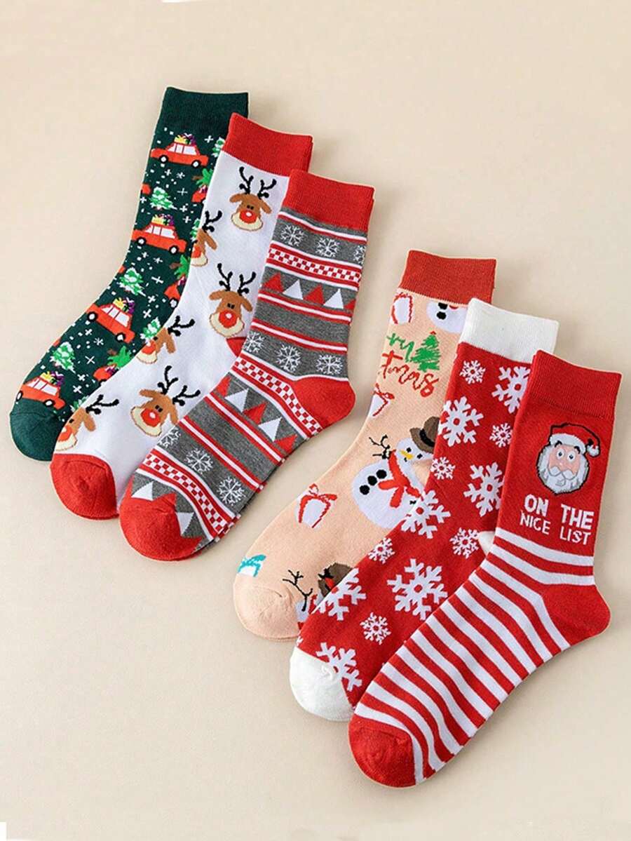 1 Pair/6 Pairs Women's Christmas Element Thick Mid-Calf Socks, Warm And Insulating For Autumn/Winter, Cozy Home Wear - Red - View 1