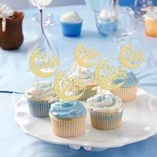 12个金色闪光开斋节快乐纸杯蛋糕装饰月亮图案开斋节快乐斋月节蛋糕装饰伊斯兰穆斯林派对用品装饰 - 金色 - 查看 2