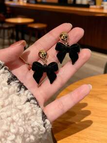 1 Pair Red Velvet Bowknot Heart Earrings With Elegant Pearl Heart Dangle