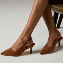 Kitten Heels Women Slingback Pointed Closed Toe Pumps Wedding, Party, Commuting, Footwear - Nude - 查看 3
