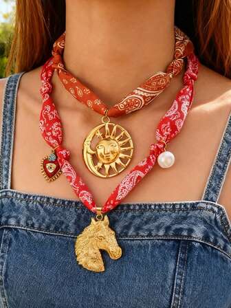 1 pieza Elegante collar de seda con estampado de cabeza de caballo, herradura, luna, sol, corazón y cruz de imitación de turquesa, inspirado en el estilo occidental, con baño de oro de 18K, un regalo de joyería elegante para mujeres, perfecto para salidas, fiestas y viajes