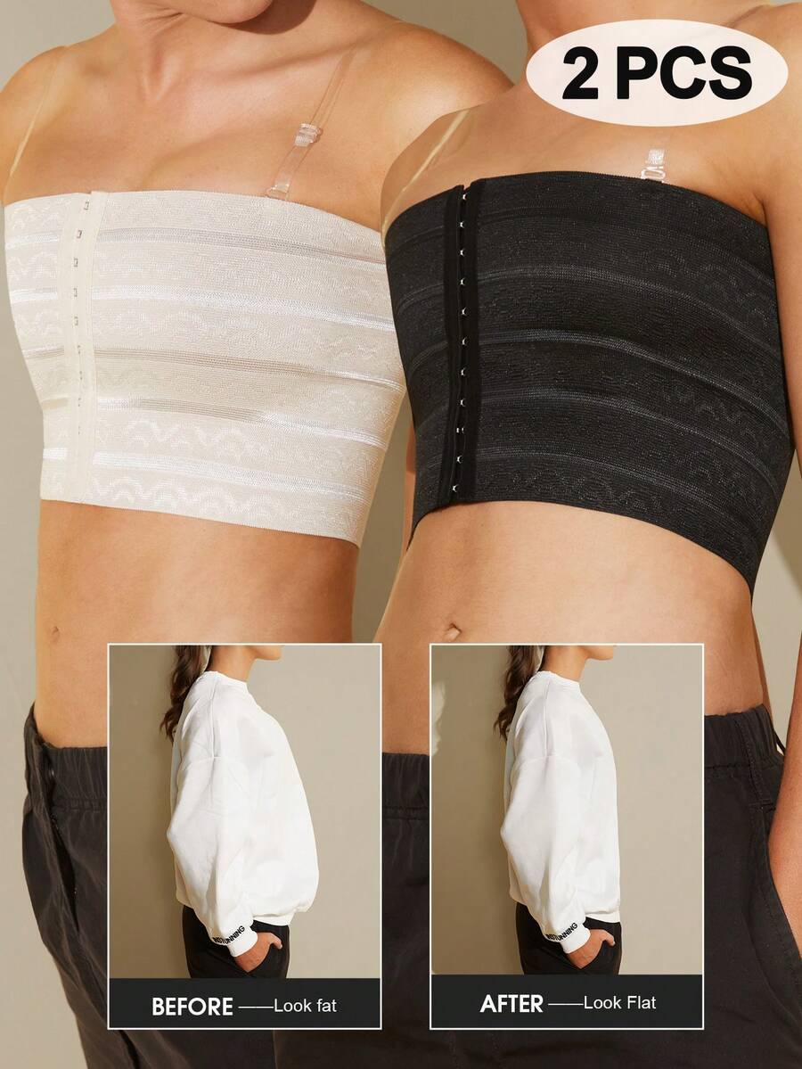 2件装女士黑色前扣式胸部束胸带，塑身压缩绷带文胸，胸部塑形内衣 - 彩色 - 查看 1