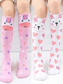 2 pares de calcetines largos hasta la rodilla con diseño de corazón de conejo lindo para niñas, calcetines altos y cómodos de uso casual para niñas - Multicolor - Ver 7