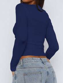 Vaiaye 女士春夏镂空性感修身圆领长袖针织上衣，女士健身服，2026 春夏嘉年华系列，适合日常穿着和通勤。 - 藏蓝色 - 查看 5