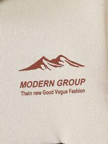 男童休闲标语印花袋鼠口袋连帽卫衣和运动裤套装（2件套），适合休闲、运动、日常穿着、户外活动、上学、秋冬季穿着。 - 棕色 - 查看 4