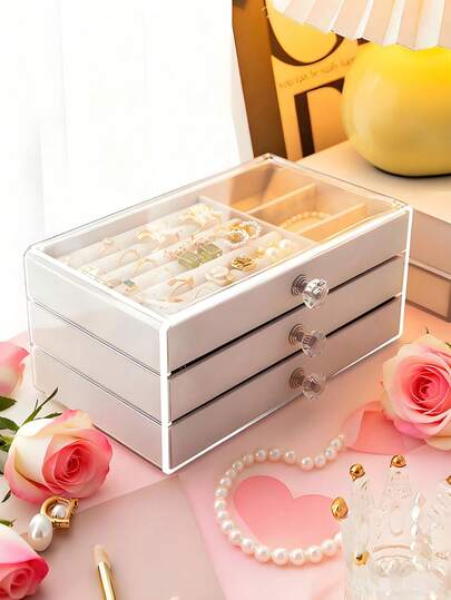 1 Pc,3 Layers, Transparent, Velvet Fabric, Acrylic Jewelry Organizer - Large Capacity For Earrings, Rings, And Necklaces; Suitable For Home And Travel; Fade-Resistant Padded Drawer Design (Includes Jewelry Tray); A Modern Style Jewelry Box For Women; A Jewelry Organizer With Multiple Drawers - Large Capacity For Earrings