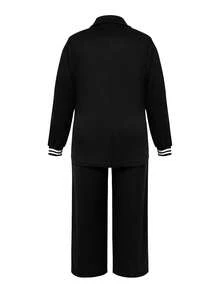 Plus Size 2pcs Solid Color Ribbon Double-Breasted Blazer And Straight Leg Pants, Office & Casual Wear Black Spring Elegant - Black - View 3
