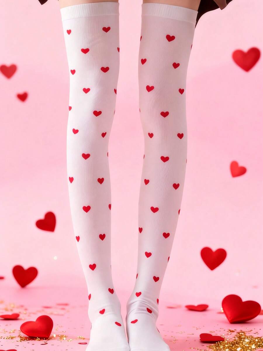 1双女士Y2K复古性感过膝长袜 - 爱心图案，非常适合情人节、约会、派对、角色扮演、休闲穿着和节日装扮，是理想的情人节礼物。 - 白色 - 查看 1