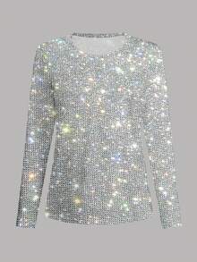 DEAR MOLLY Party Sequin Graphic Long Sleeve T-Shirt, Autumn Women's , Matching Sister , Top, Fashionable Long Sleeve Stylish Casual Pullover, Gift For Sister, Mom, Other Holidays - Grey - View 5