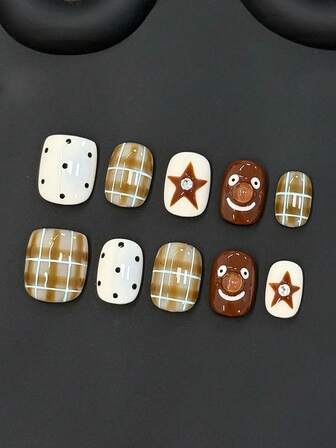 Juego de 10 uñas postizas cuadradas cortas hechas a mano, con diseños exquisitos y estéticos: estilo Y2K, lunares negros, estrellas de café, caras sonrientes, rayas y diamantes, en un estilo de dibujos animados y adorable