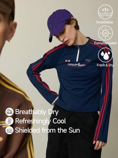  UMAMIISM Women's Vintage American Style Antibacterial Moisture-Wicking Cycling Sports Fitness Long Sleeve Crew Neck T-Shirt, Blue Top