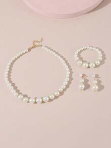 4pcs/Set Girls White Pearl Beaded Necklace, Bracelet, Earrings Jewelry Set, Suitable For Daily Decoration