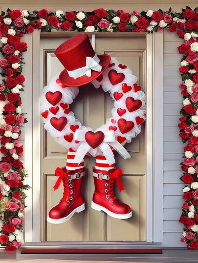 1 pieza - Corona de corazón del Día de San Valentín con botas rojas para decoración de puerta - Decoración de puerta con tema de amor romántico, corona de corazón con sombrero de copa y acento de bota roja, acento de puerta principal del Día de San Valentín, suministros de decoración del hogar para fiestas, regalo colgante de pared para celebración del Día de San Valentín y decoración del hogar